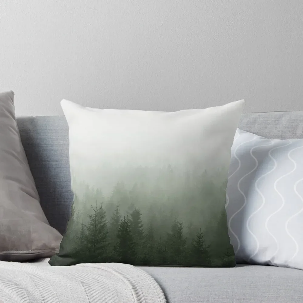 Step Into My Office // Misty Fairytale Wilderness Forest With Cascadia Trees Covered In Magic Light And Fog Series Throw Pillow