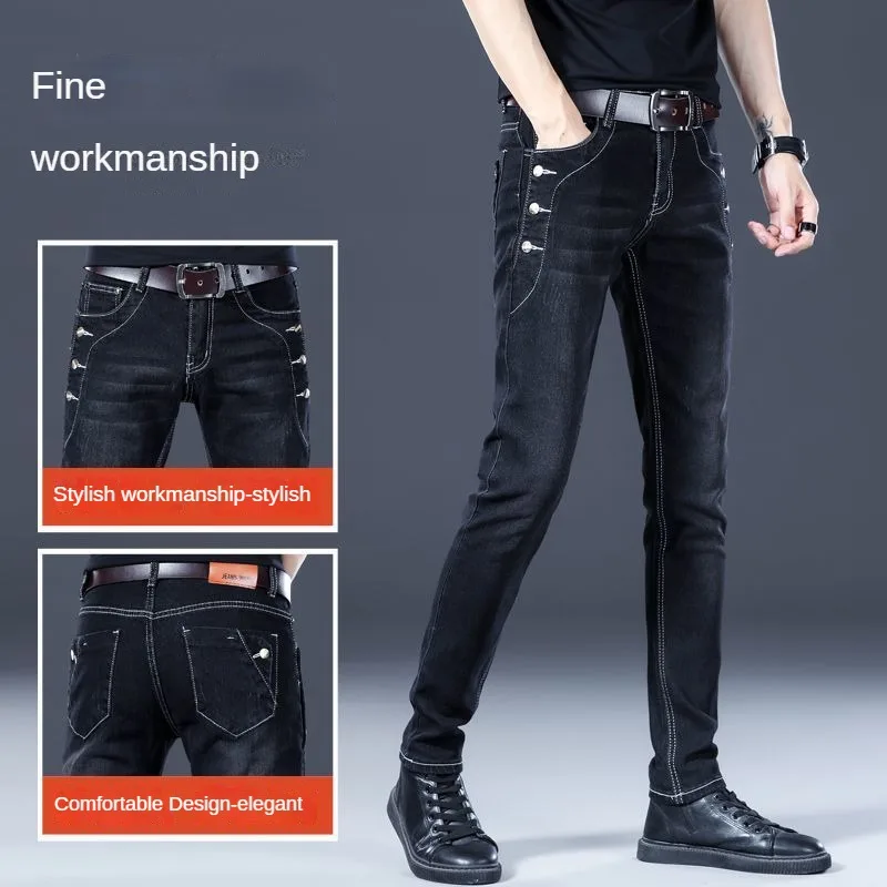 Stylish Black Luxury Men's Korean Streetwear Punk Fashion Comfortable Stretch Jeans Slim Fit Straight Leg Casual Denim Pants