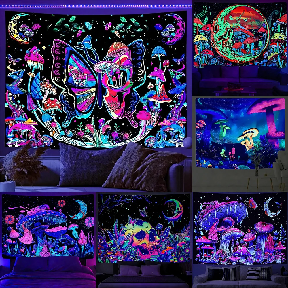 

Glowing Skull and Mushroom Tapestry UV reaction tapestry background decoration wall hanging bedroom party decoration