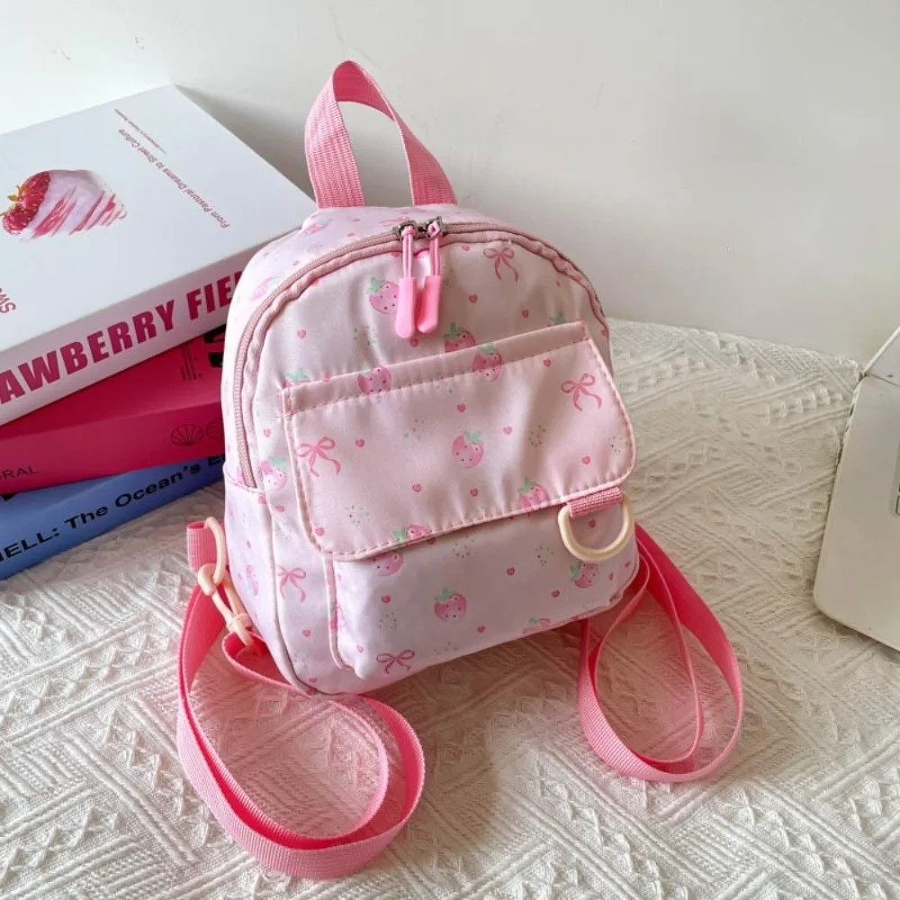 New Nylon Mini Shoulder Bag Strawberry Print Waterproof Student Backpack Large Capacity Soft School Bag For Girls