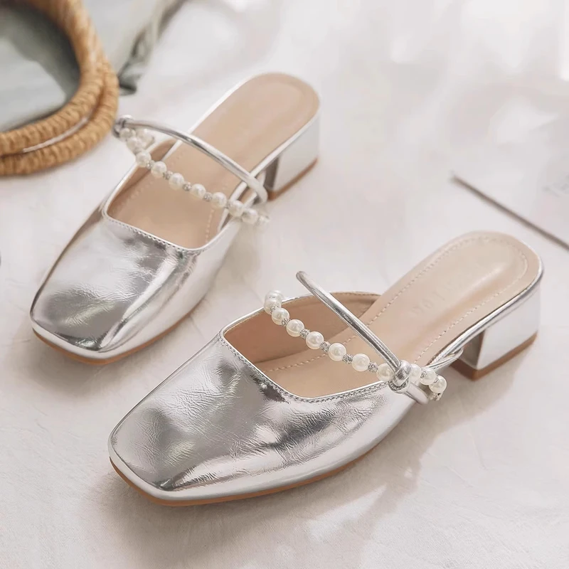 Ladies Mid Heel Summer Modern Slippers Outside Square Heel Women's Shoes on Sale 2024 Fashion String Bead Sexy Women's Slippers