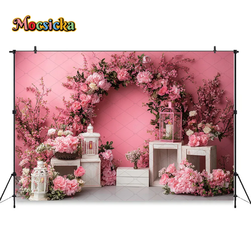 Pink Flower Garland Wall Photography Background Spring Garden White Lantern Backdrop Decor Girl Kids Birthday Photocall Studio