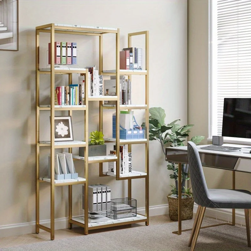 6-Tier Gold Bookshelf Bookcase Open Display Shelves with Shelves Storage Rack