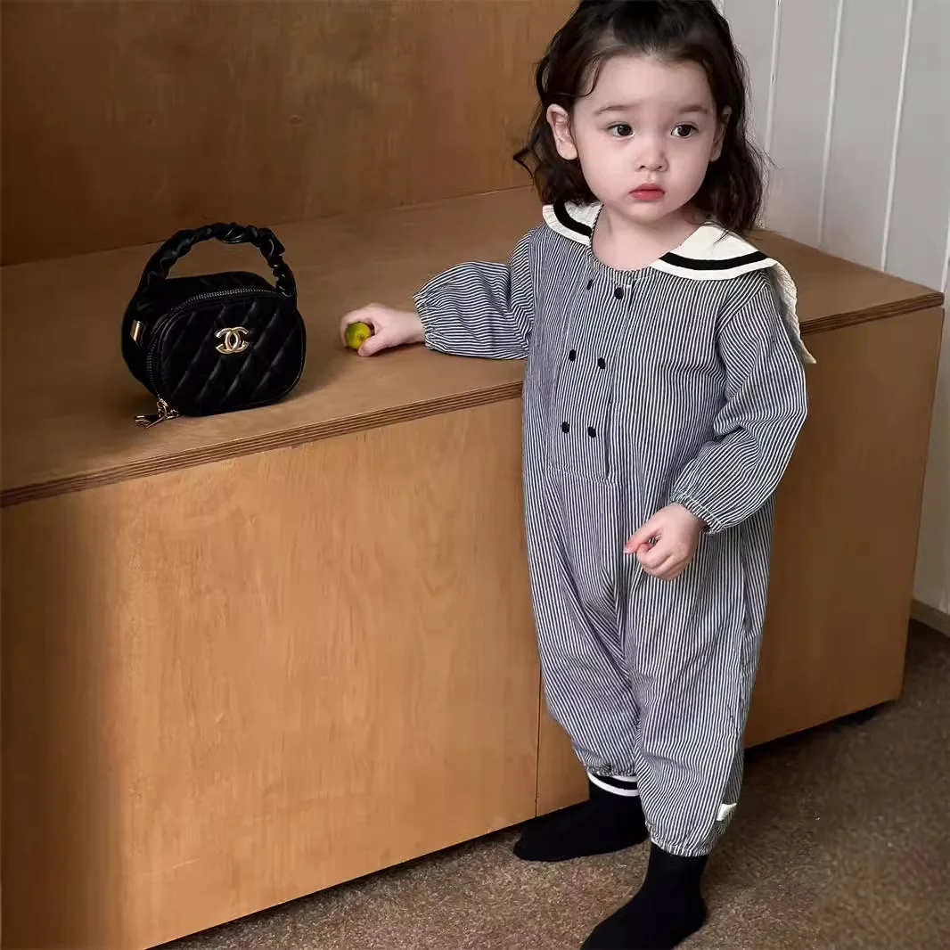 

2024 Autumn New Baby Striped Romper Toddler Lapel Loose Jumpsuits Infant Long Sleeve Cotton Onesies Newborn Boys Girls Clothes