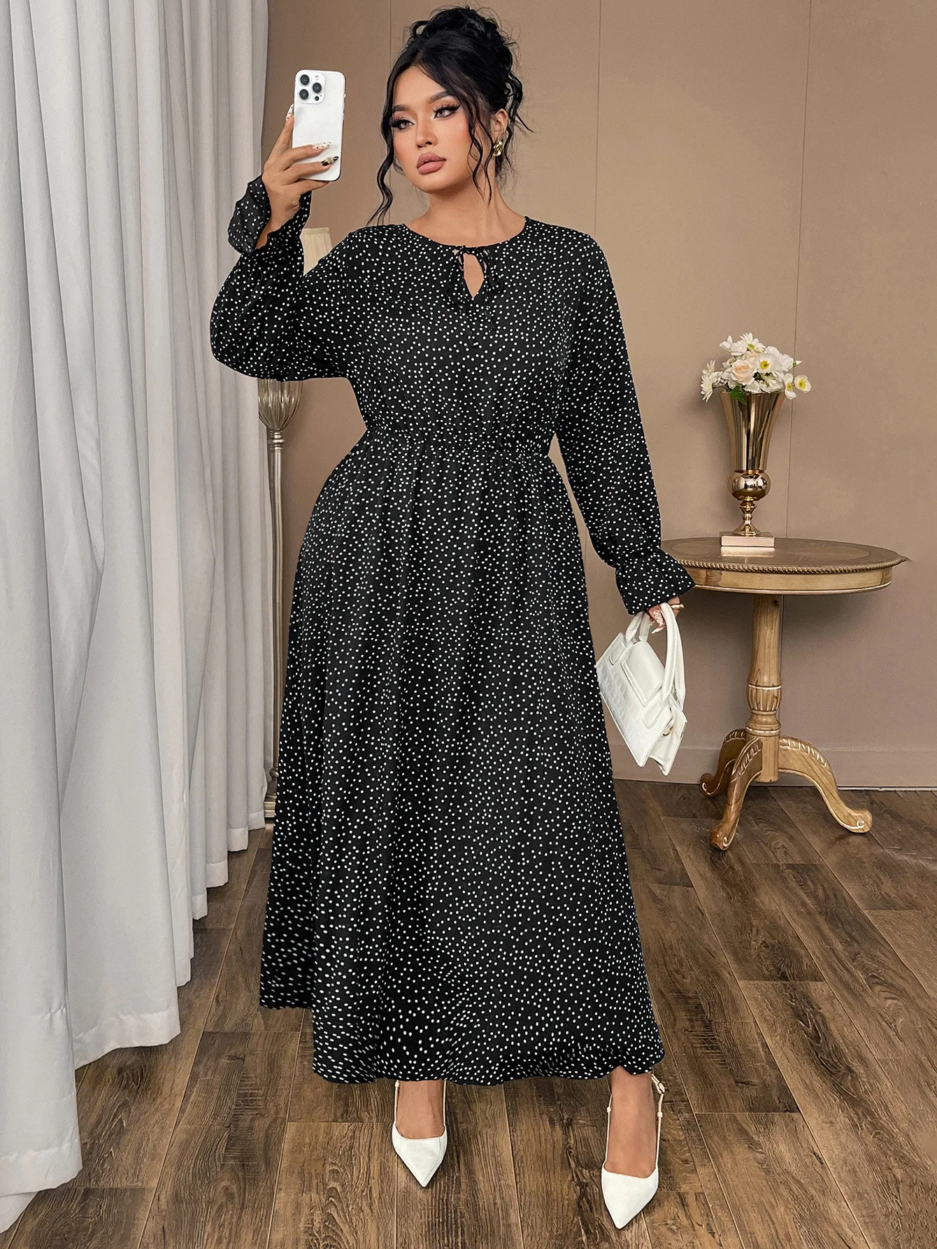 

2025 New Plus Size Polka Dot Long Sleeve Maxi Dress Women's Spring Autumn Sweet Casual Big Swing A-line Vacation Dress