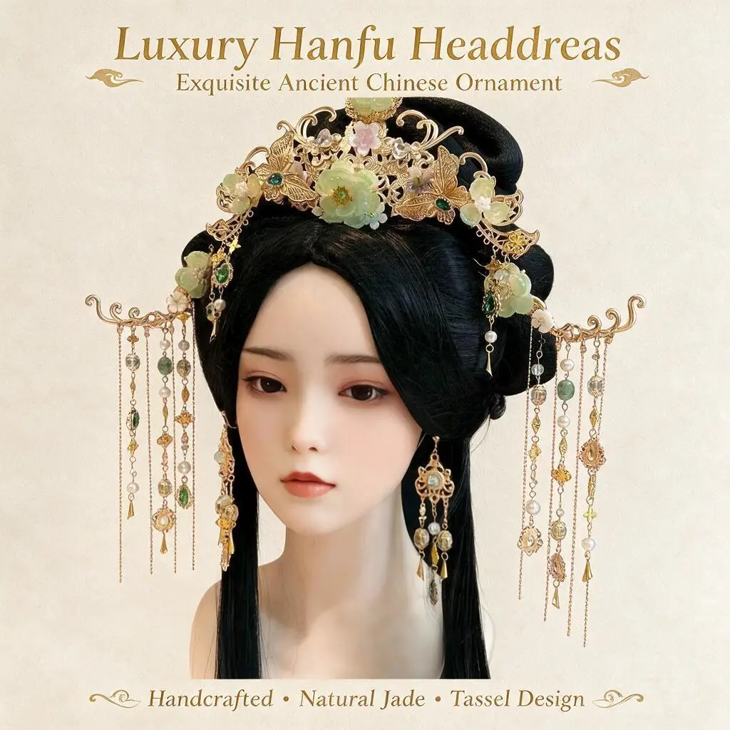 Ancient Chinese Tang Style Hanfu Hair Pieces Set Green Jade Gold Floral Crown Hairpins Earrings Long Tassel Headwear For Cosplay