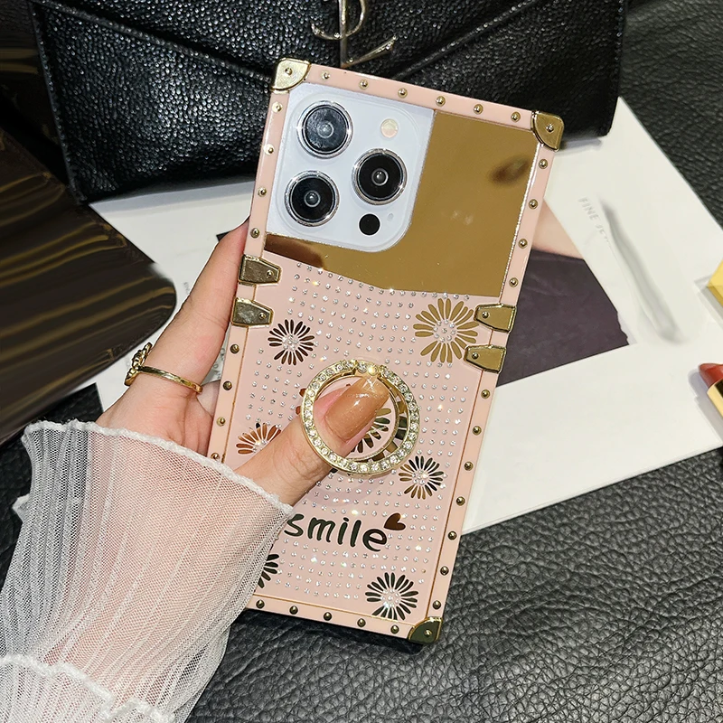 Luxury Rivet Chrysanthemum Flower Square Phone Case For iphone 14 Pro Max 11 12 13 Pro Max Bling Ring Bracket Soft Back Cover