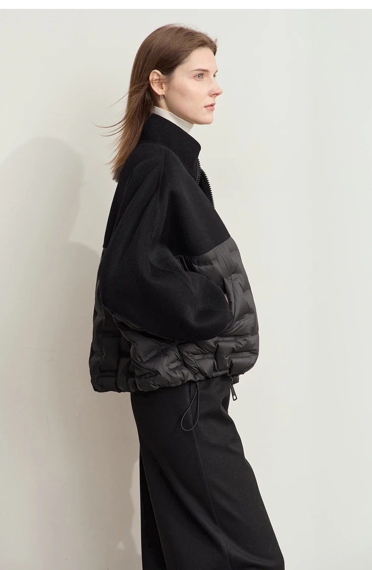 AMII Down Coats 100% Wool Stand Collar Loose Spliced Jackets for Woman 2024 Winter Warm New Casual Versatile Jacket 12454007