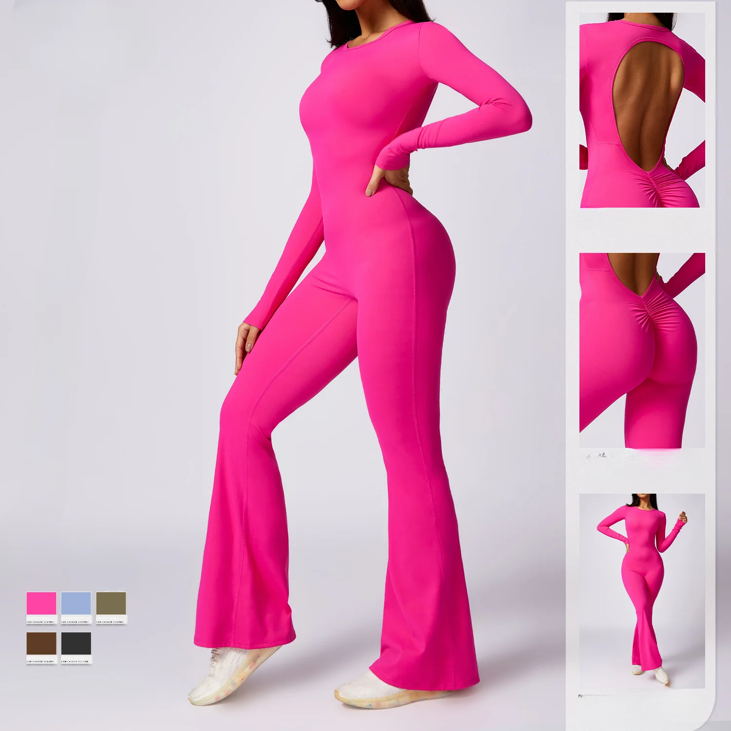 Dames Eendelige Workout Jumpsuits Gewatteerde Uitgesneden Scrunch Lange Mouw Slim Fit Flare Leggings Jumpsuits Yoga Bodycon Bodysuits