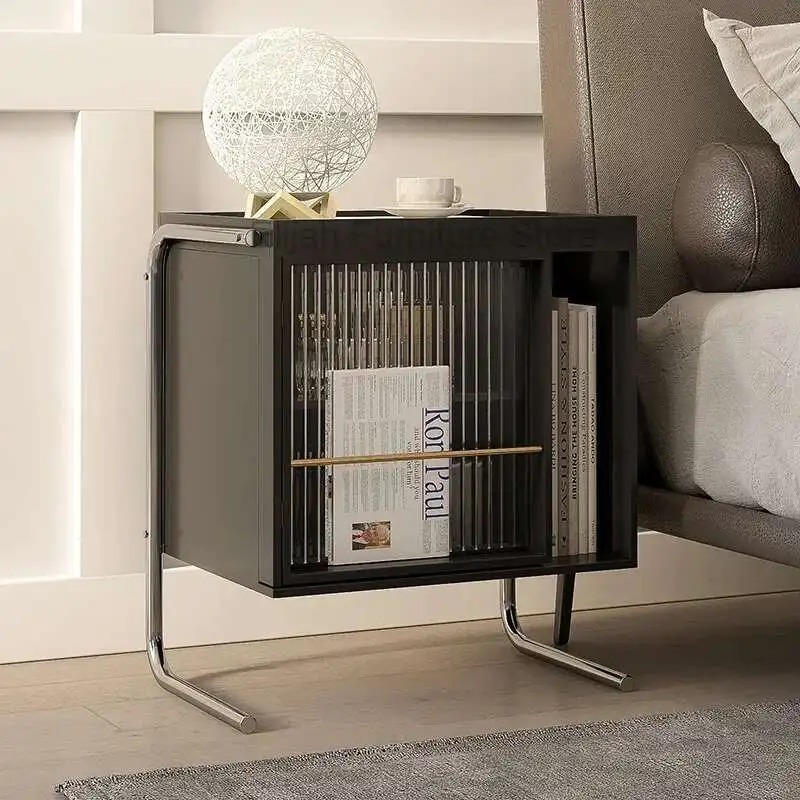 

Coffee Black Glass Bedroom Bedside Table Nightstand Iron Cabinet Muebles Space Saving Furniture YY50BC