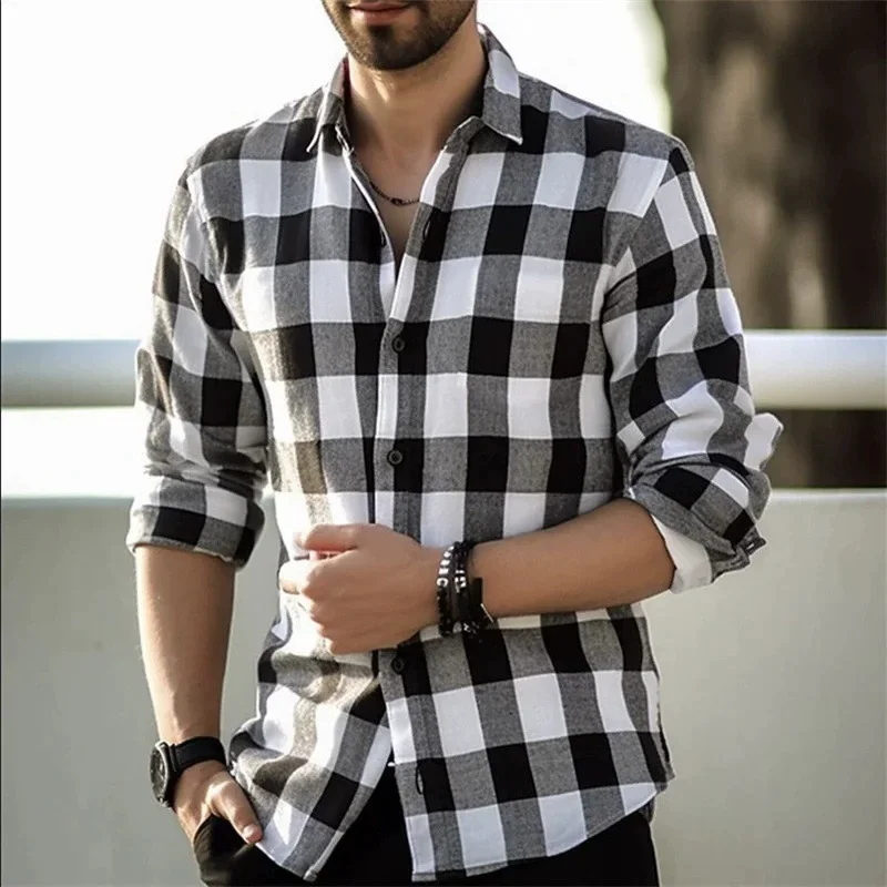 

4XL Plus Size Men's Clothing Striped Plaid Fashion Shirts Long Sleeve 3D Printed Street Male Blouse Casual Shirt