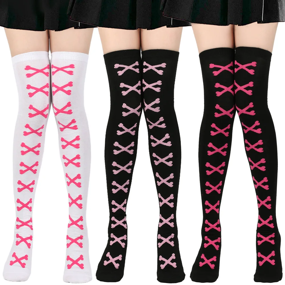 Damen Overknee-Strümpfe mit Totenkopfmuster für Halloween und Partys