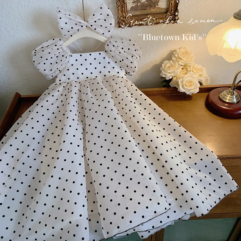 

Girls' Summer Dress2024New Children's Bubble Sleeve Formal Dress Little Girl Temperament Polka Dot Princess Dress