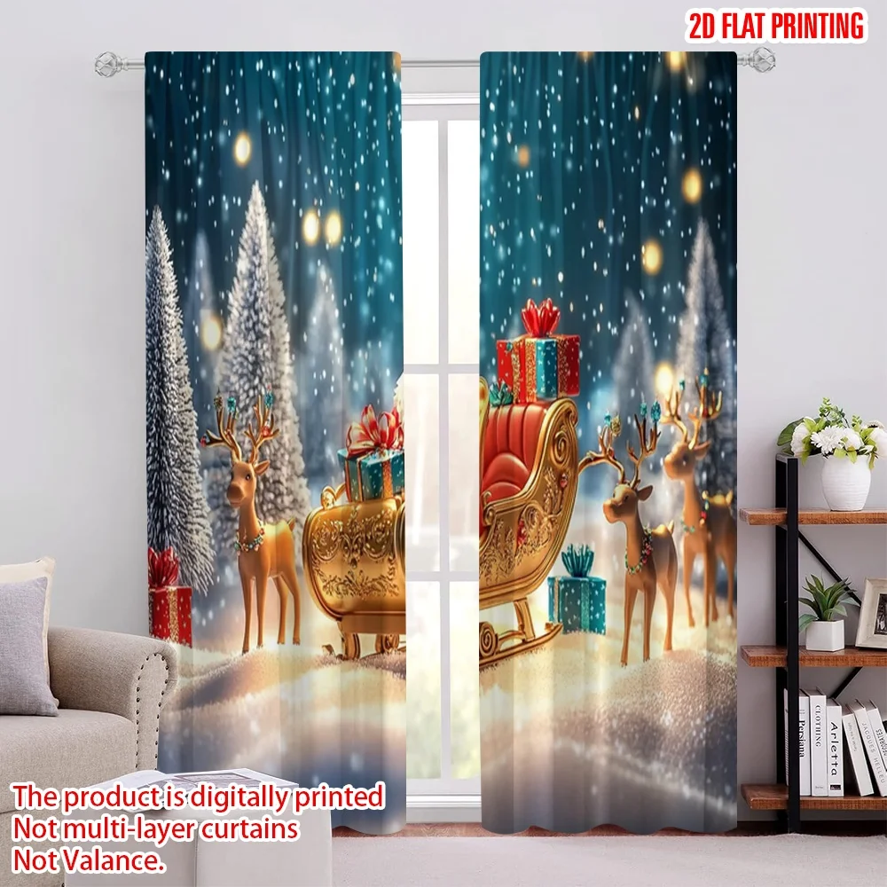 

2pcs 2D flat printing Christmas Party Curtain Santa Claus reindeer sleigh with Versatile Polyester Fabric Without Electricity