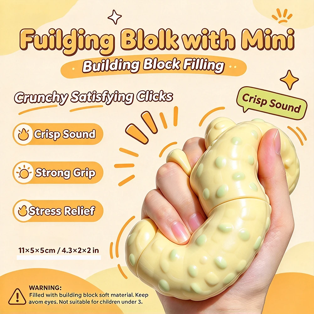 Peanut Fidget Squeeze Toy,2 Styles:Crunch Building Block Fill/Soft Vaseline Gel Fill,ASMR Squishy Anti Stress Desk Toy Adults