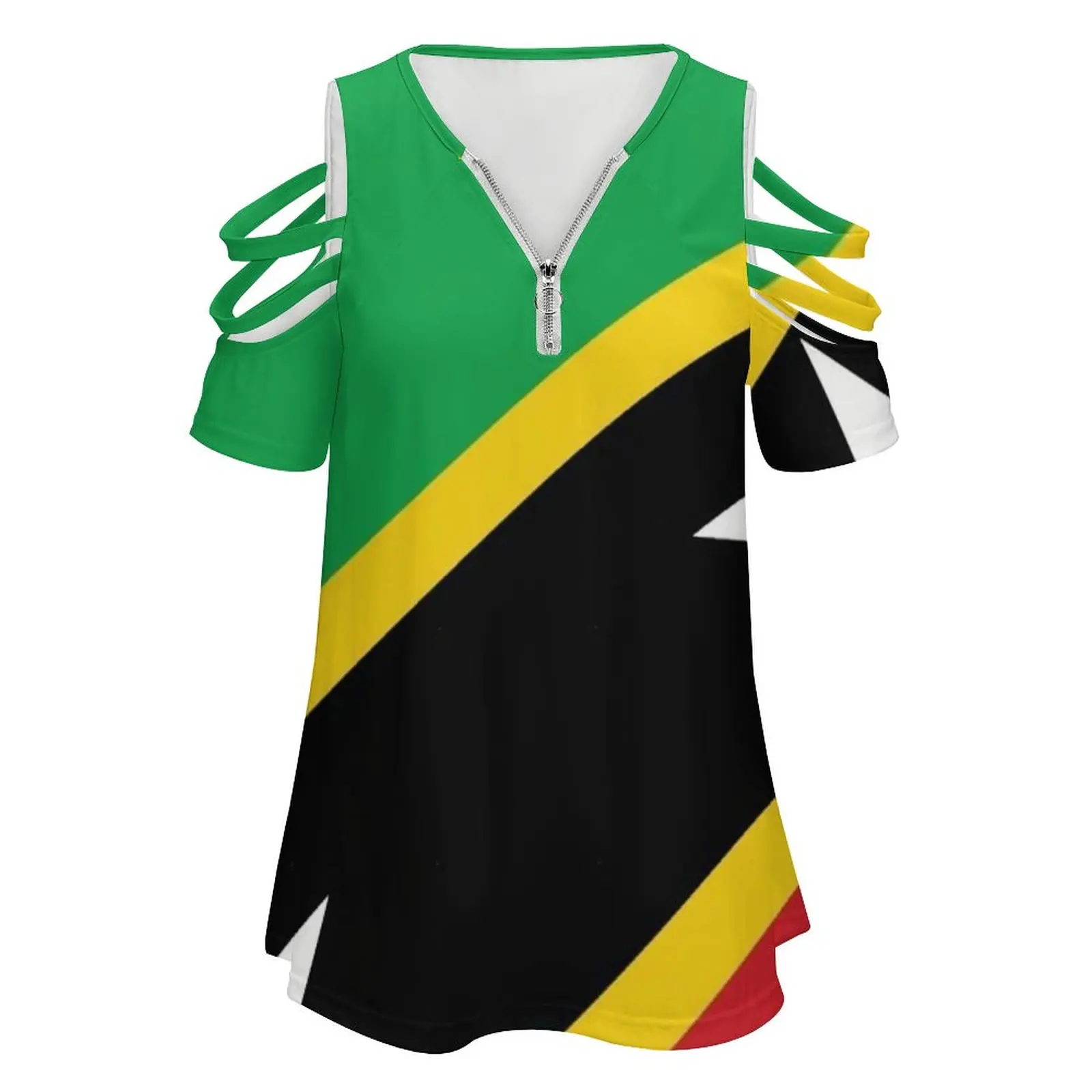 St Kitts And Nevis National Flag Women's T-Shirt New Fashion Printed Zipper V-Neck Short Sleeve T Shirts Casual Plus Size St