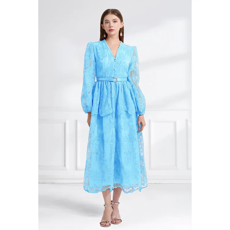 Vestido Longo de Aodão com Decote em V e Camadas Duplas, Estilo de Rua, Cintura Ajustável, Vestido de Renda de Alta Cintura