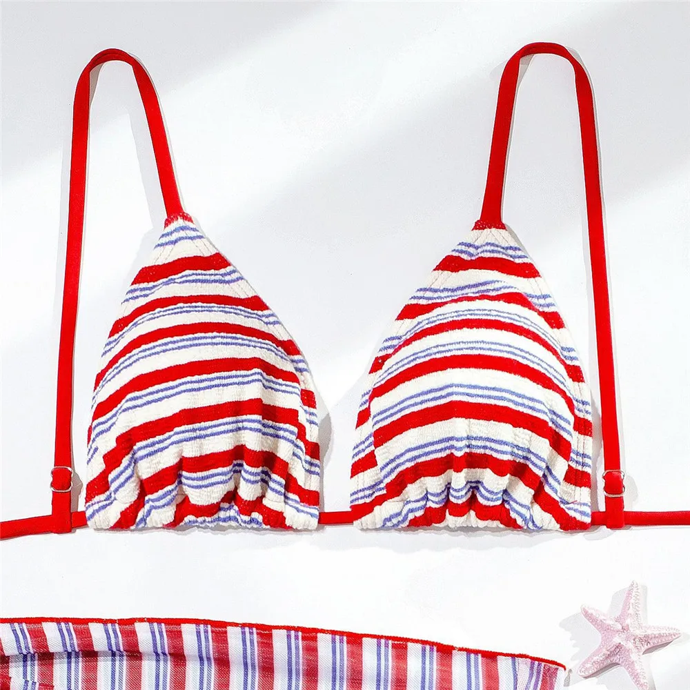 Rouge rayé imprimé Triangle Bikinis ensembles 3 pièces maille couverture Ups vacances maillots de bain Micro string Sexy maillot de bain femmes 2026 Biquinis