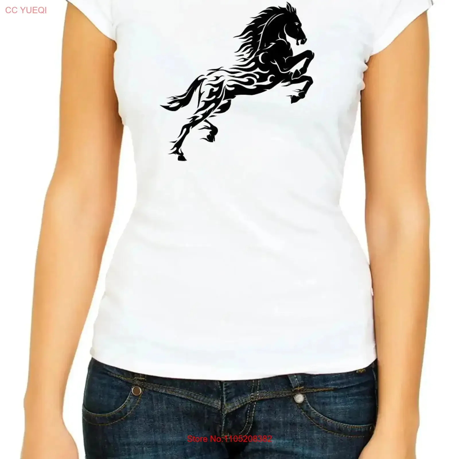 

Black Horse Drawing Women's 3 4 T Shirt F413 vintage Washed Stretched Casual streetwear Versatile Unisex Top For Everyday Wear