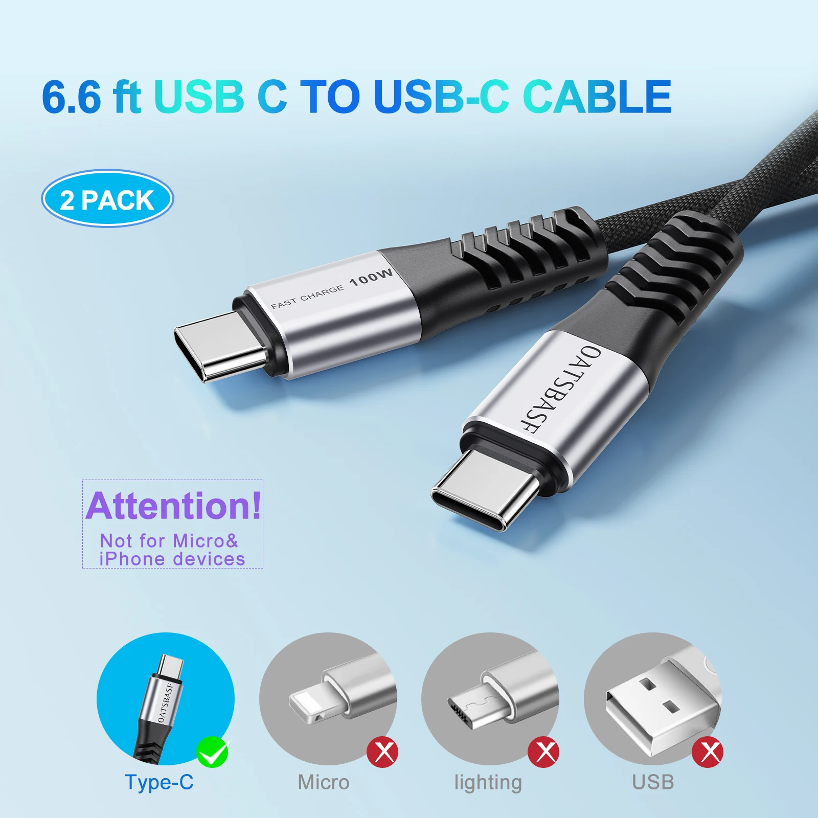 Oatsbasf-Cables tipo C 5A, cable de carga rápida de 100W y 6,6 pies, cargador de C-C USB, cable de datos para teléfono y ordenador portátil, 2 paquetes