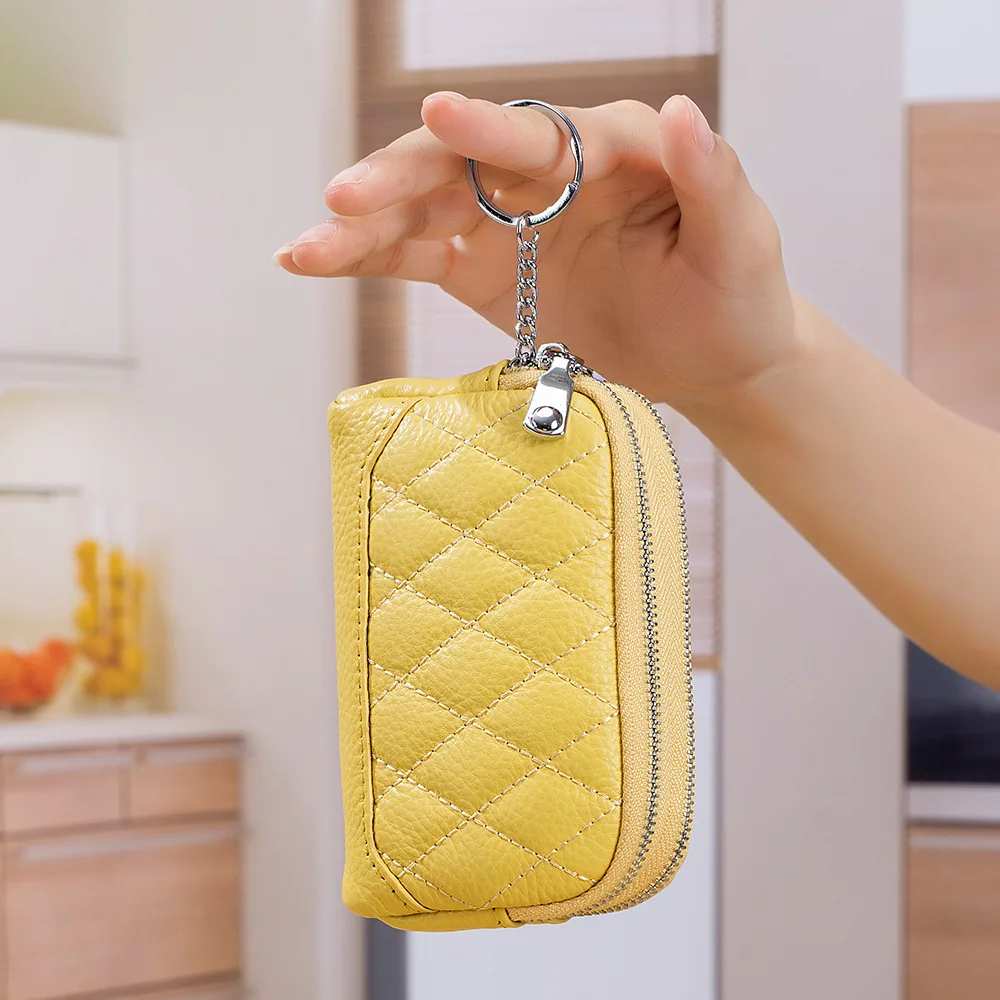 2022 nueva cartera de mujer de cuero genuino con doble cremallera, monedero, bolso de mano de gran capacidad, carteras con llavero, anillo, monederos, marca de lujo, diseño de celosía de diamantes