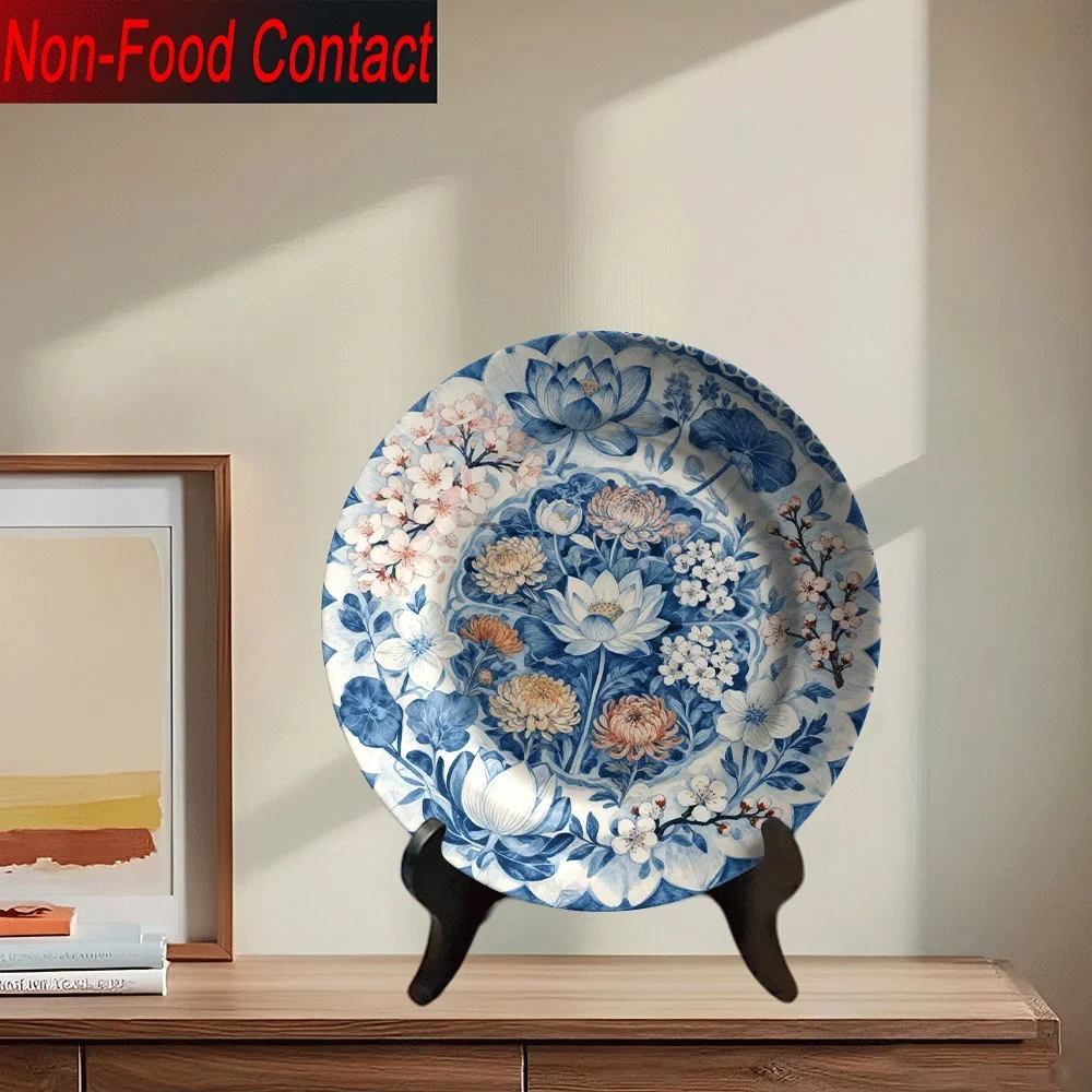 1pc Ceramic Blue and White Chinese Porcelain Plate - Hand-Painted for Lotus, Cherry Blossom & Chrysanthemum Round Decorative