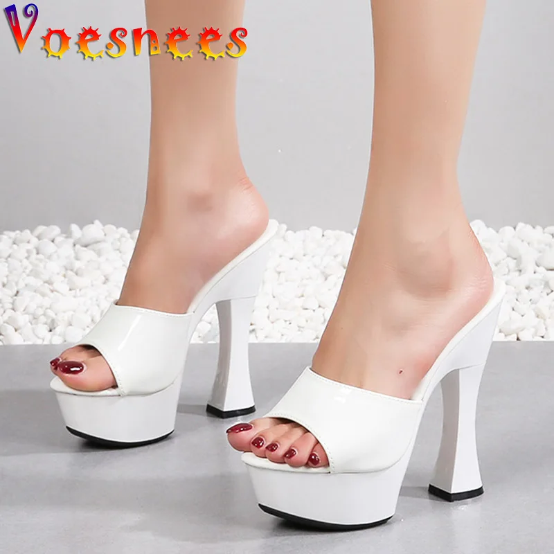 Voesnees 2022 New High Heels Round Toe Slippers Women Pumps 14CM Sexy Pure Colour Sandals Large Size Thick Platform Party Shoes