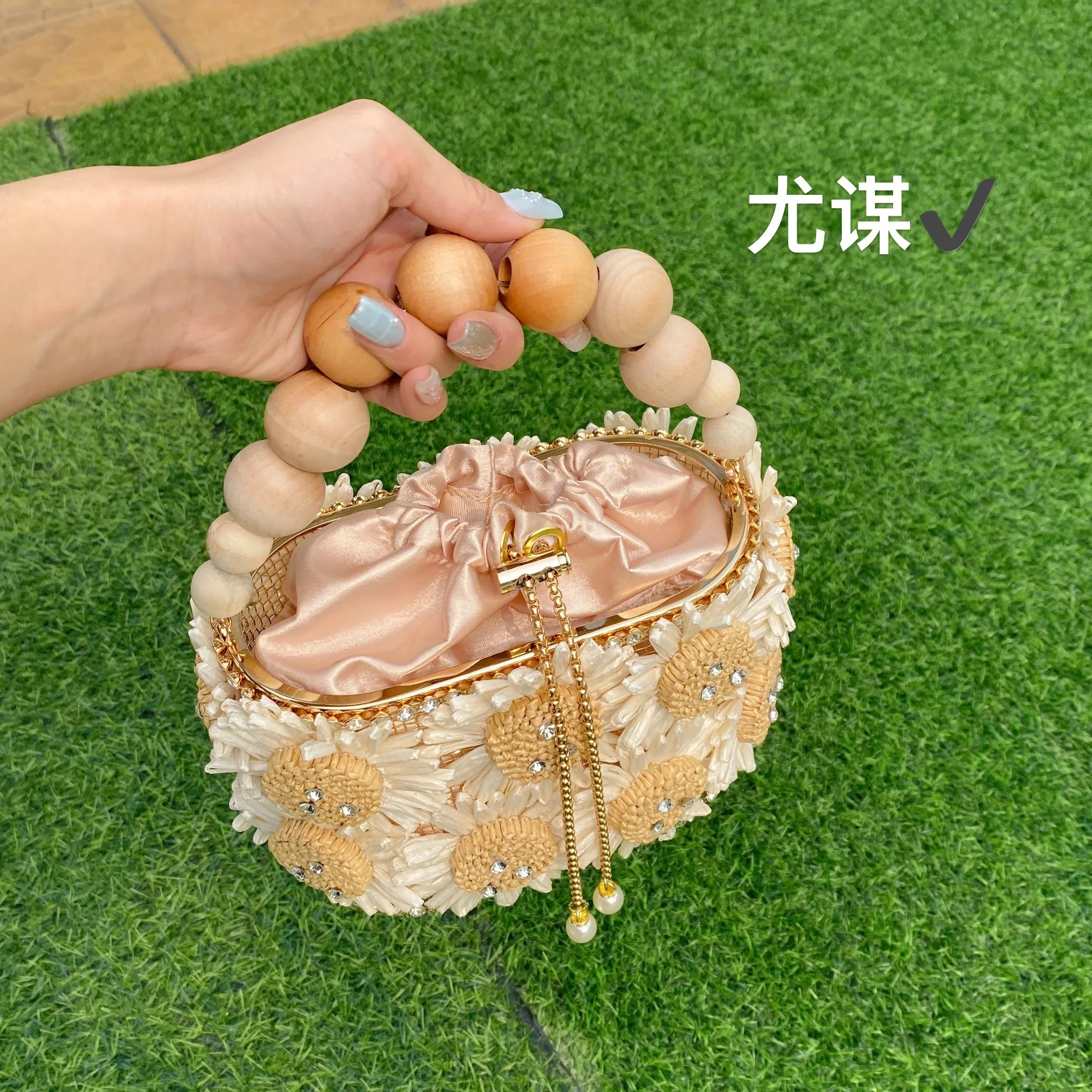 Women Pastoral Vacation Sunflower Straw Bag 3D Flower Rhinestone Wooden Bead Handbag Beach Travel Basket Mini Bag