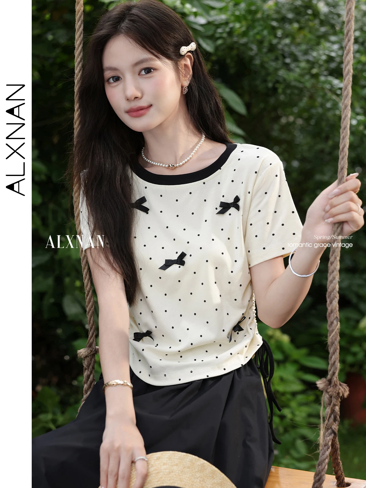 

ALXNAN женская футболка с бантом, хлопковая футболка с короткими рукавами, лето 2022, повседневные элегантные милые топы, женские L559183 L53573