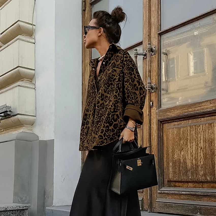 Leopard Print Cotton spring jacket Women blouse shirts summer Cardigan Streetwear Oversized long sleeves women clothing
