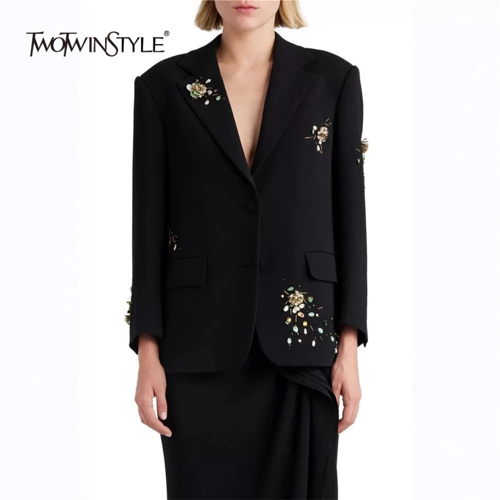 

TWOTWINSTYLE Spliced Bead Two Piece Sets for Women Lapel Long Sleeve Patchwork Single Breasted Top High Waist Skirt Set Female