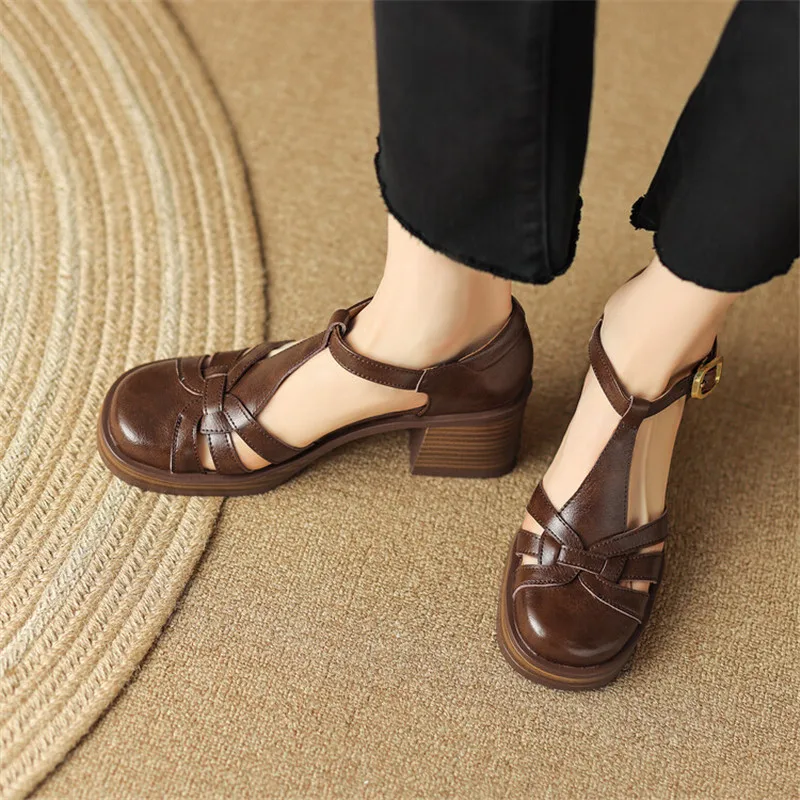 2023 Summer Sandals Cow Leather Cover Toe Roman Sandals Casual Buckle Strap Summer Shoes GLADIATOR Thick Heel Women High Heels