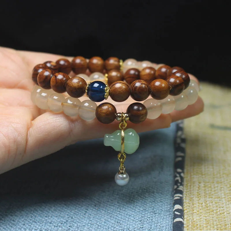 Large-leaf yellow rosewood double-loop bracelet with aqua green gourd pendant, Buddhist prayer beads and ornaments