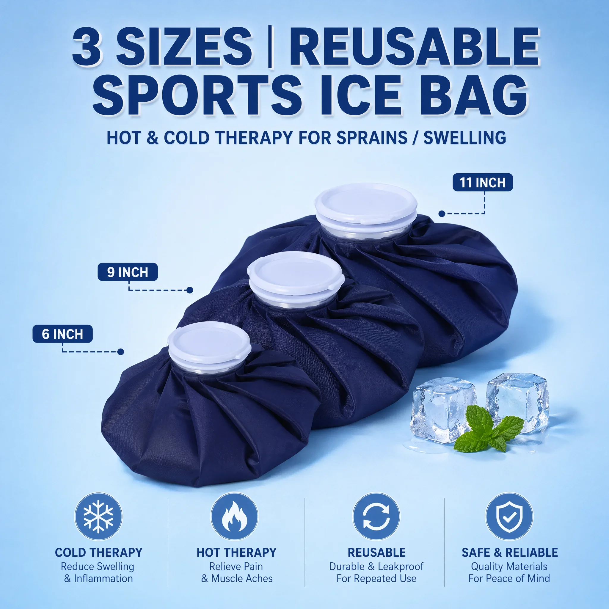 Reusable Ice Pack Hot Cold Therapy Bag, 6/9/11 Inch Waterproof Ice Bag for Injuries, Pain Relief, Fever, Muscle Aches, Sports Re