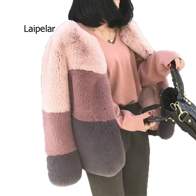 

2022 New Temperamental Vintage Fur Coat Winter Soft Imitation Rabbit Short Colored Fur Outwear Mujer Female Jacket Coat