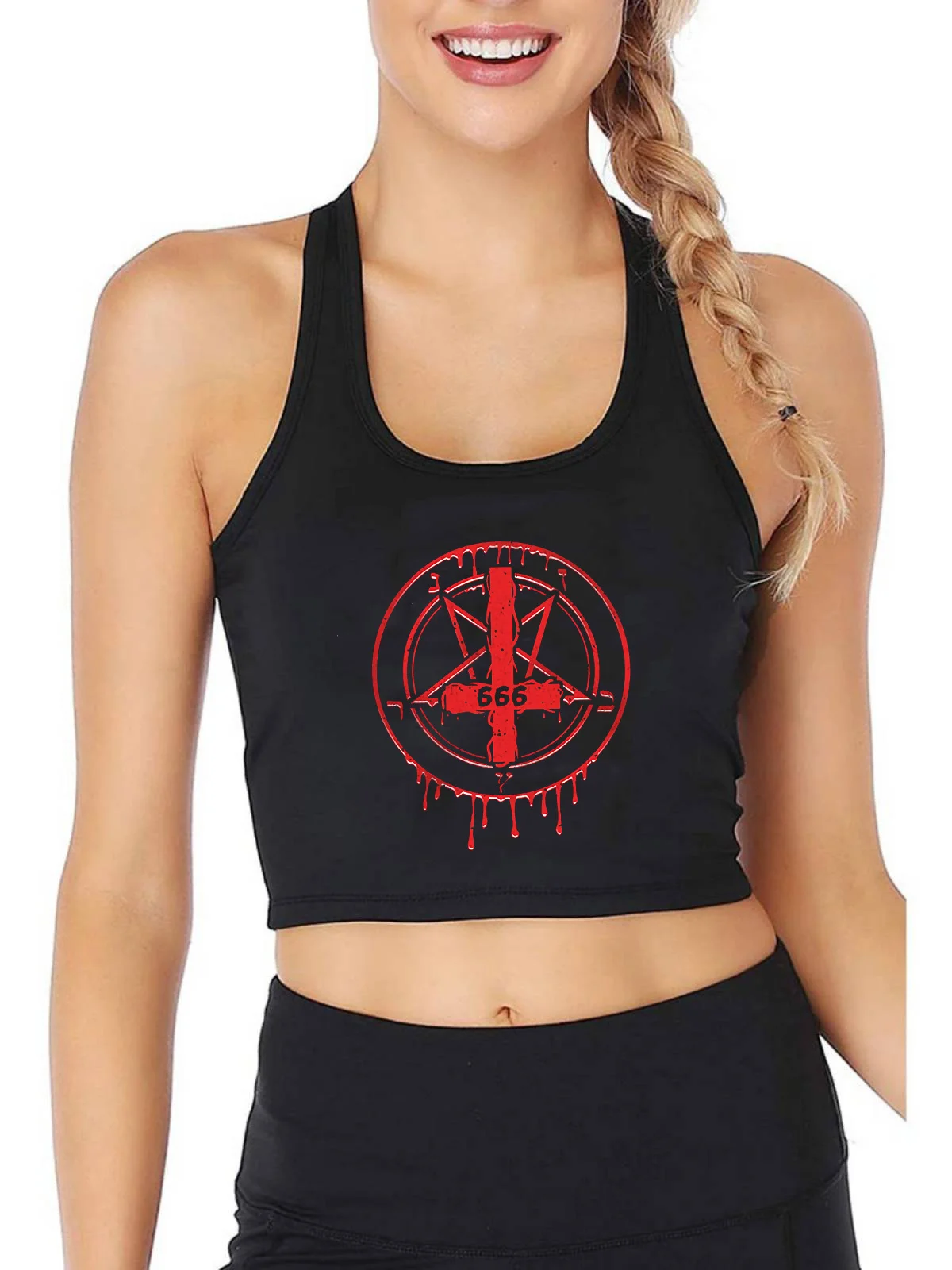 

Reverse Pentagram I Satanic 666 Print Tank Tops Women Humor Vintage Sleeveless Y2k Crop Top Gym Fitness Shirt