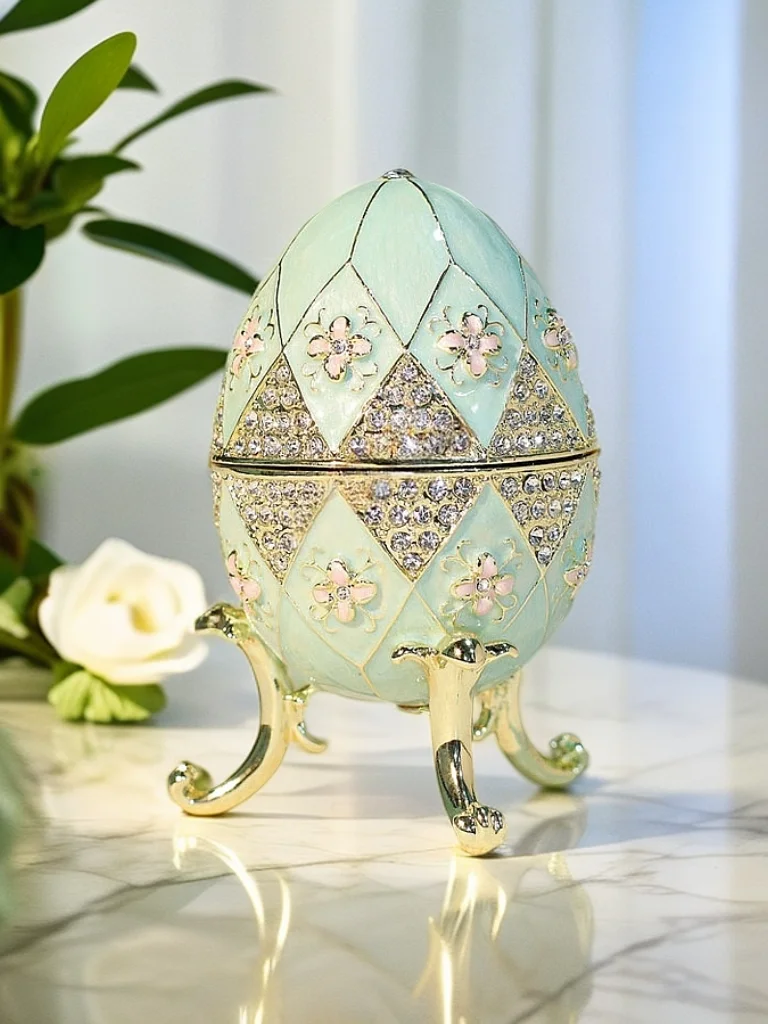 Faberge Egg Style Hand Painted Enameled Easter Egg Trinket Box light green  Decorative with Hinged Home Decoration