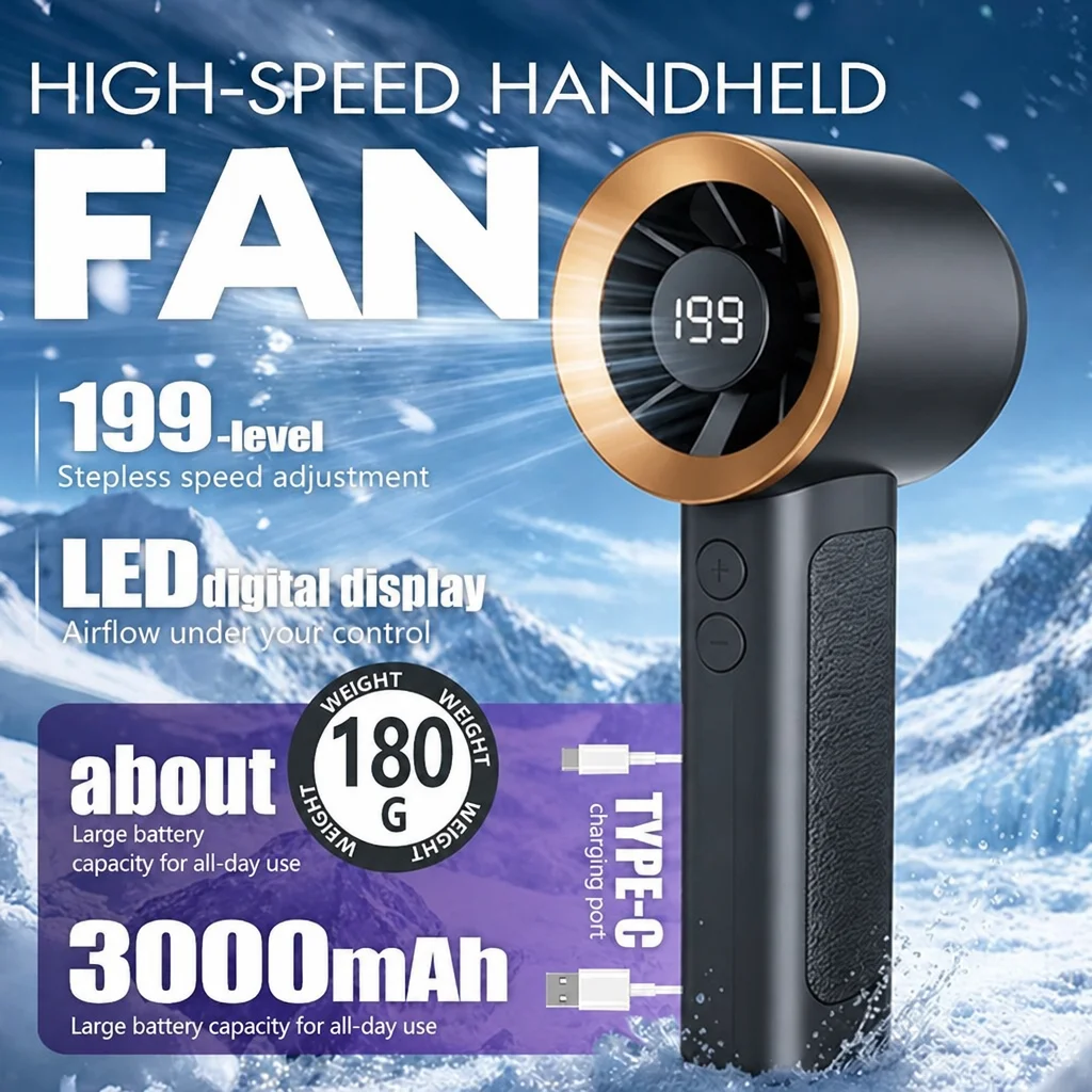 199 Speeds Portable High Speed Fan, 3000mAh Rechargeable, LED Display, Lightweight, Quiet Powerful USB Fan for Travel Office