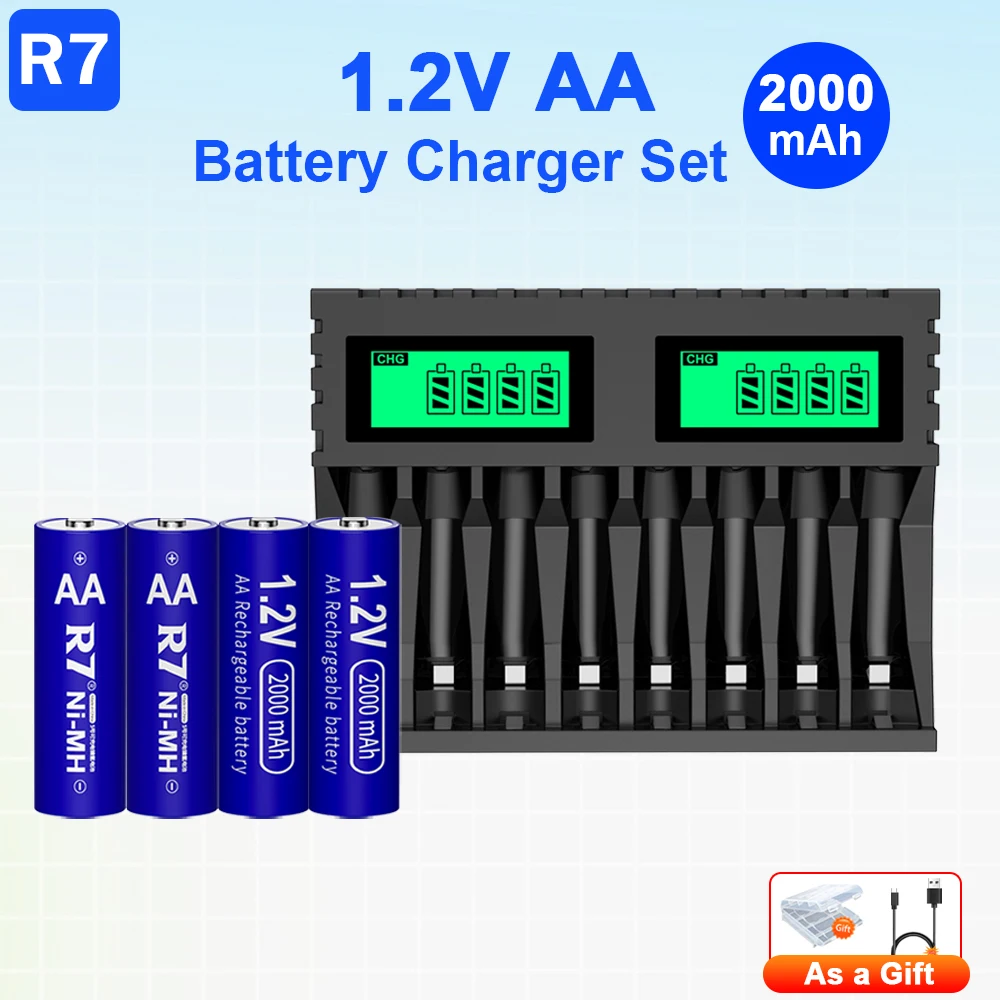 

R7 1.2V AA regargeable batteries 2000mAh Ni-MH aa battery with LCD Display Smart Battery Charger