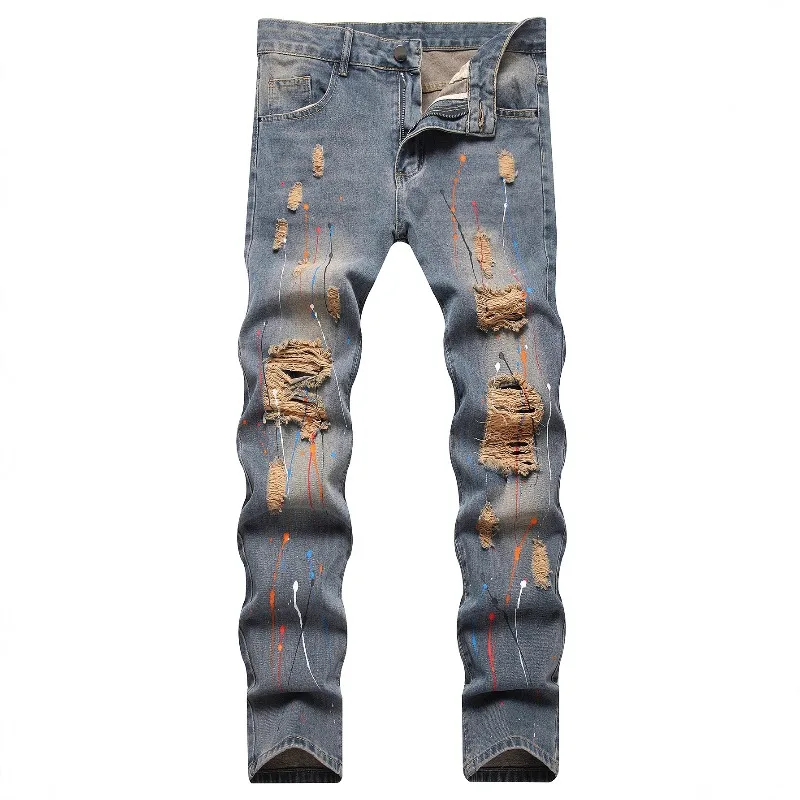 

KEXU Men High Street Non-Stretch Skinny Ripped Jeans Fringe Paint Splatter Tapered Distressed Denim Trendy Casual Long Pants