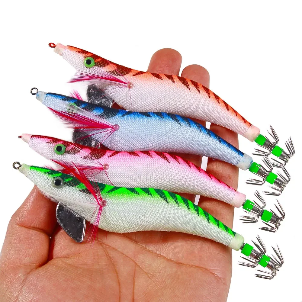 Holz-Garnelen-Tintenfisch-Köder 3.5 #   Im Dunkeln Leuchtende Tintenfisch-Jig-Köder Holz-Garnelen-Haken für Tintenfisch Oktopus Meeresfischerei