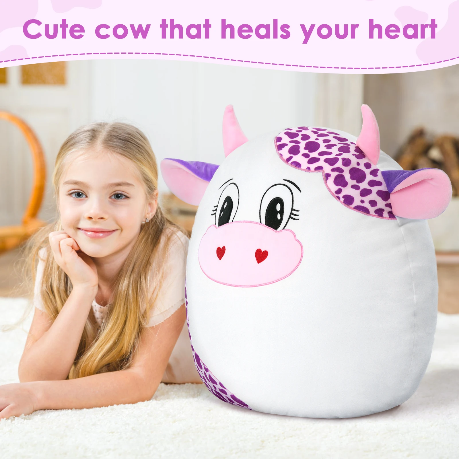 وسادة قطيفة على شكل بقرة وردية عملاقة مقاس 20 بوصة، دمية بلوشي على شكل بقرة كبيرة ناعمة هدية عيد ميلاد للأطفال الأولاد والبنات