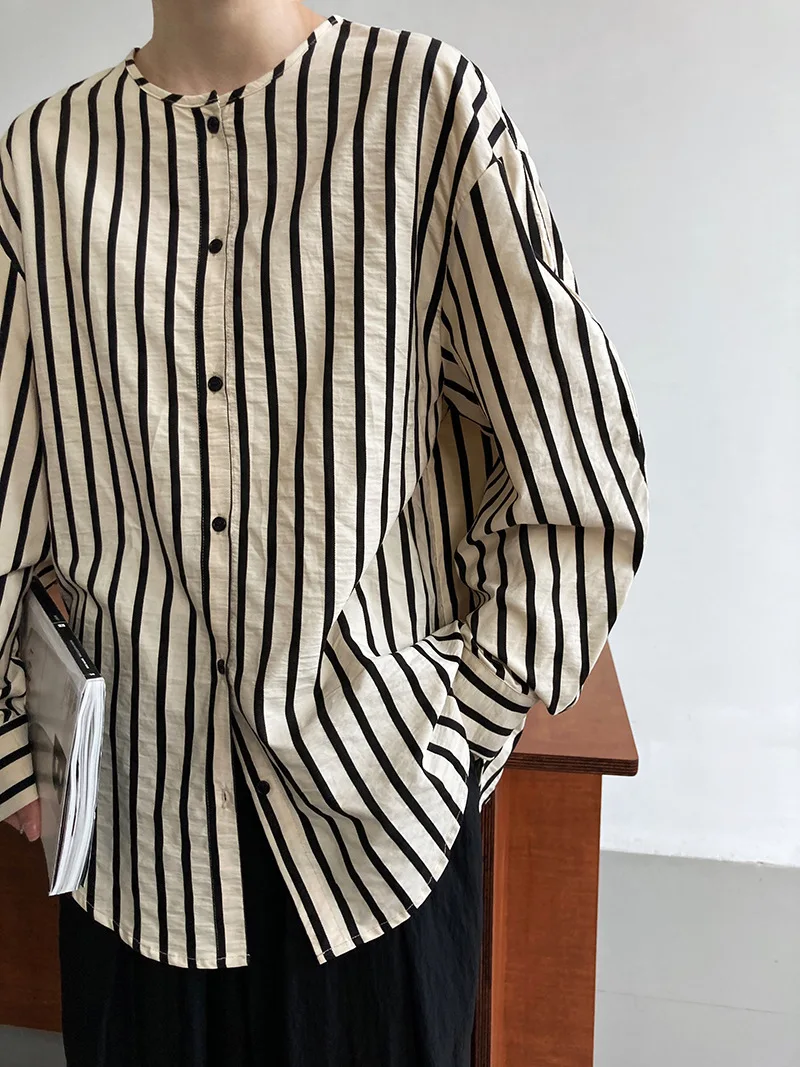 2023 Spring Shirts Women Long Sleeve O-Neck Striped Women Shirts Casual Fashion Loose Blouse Mujer Blusas Tops Femme Streetwear