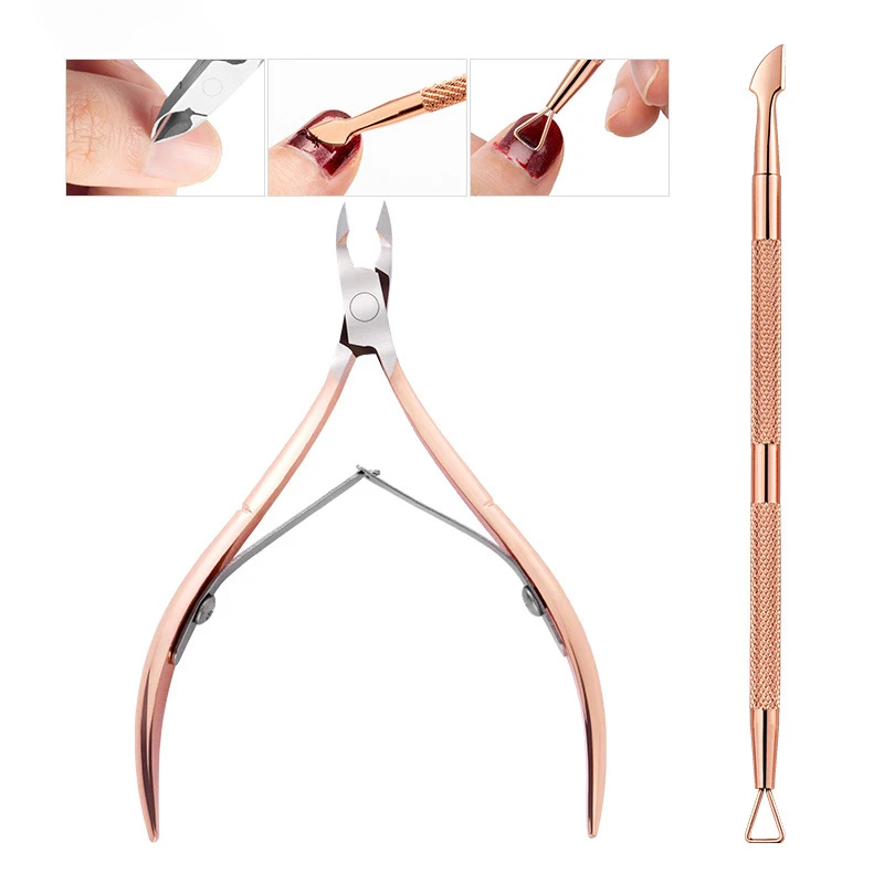 Stainless Steel Double Head Nail Art Dead Skin Pusher Cuticle Nipper Scissors Manicure Set Rose Gold UV Gel Remove 2/4Pcs/Set