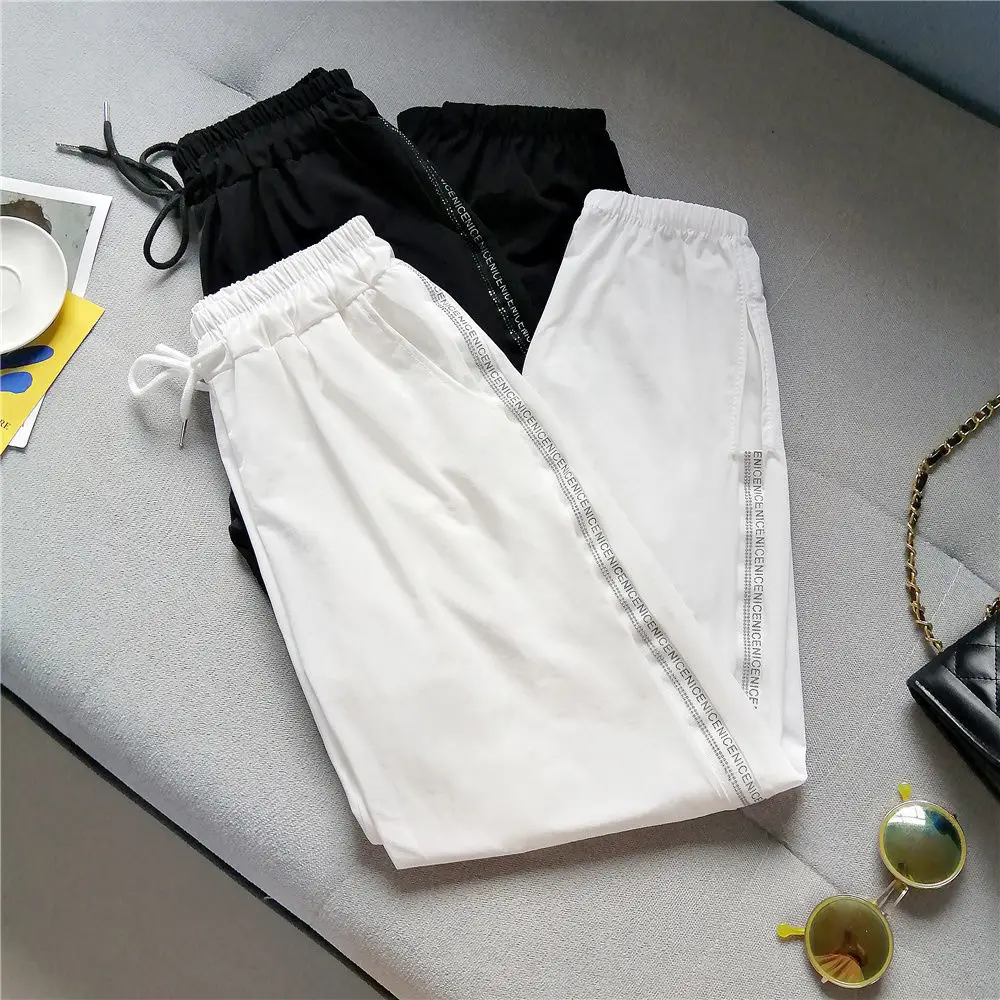 

Повседневные брюки женские летние модные прямые брюки с буквами женские с высокой талией уличный стиль BF унисекс шикарные универсальные мягкие на шнурке