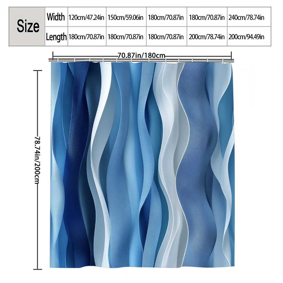 1pc Blue White Wave Shower Curtain, Bathroom Decor, Multi-Size Options (120X180Cm, 150X180Cm, 180X180Cm, 180X200Cm, 240X200Cm),