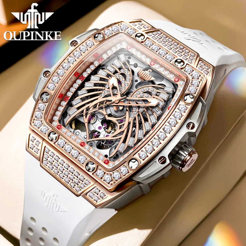 OUPINKE Top Luxury Brand Women's Fully Automatic Mechanical Watch Waterproof Tonneau Diamond Dial Gift Set Female Wristwatch