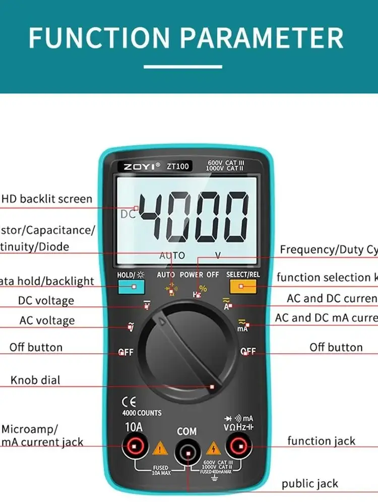 Digital Multimeter ZT100 4000 counts DC/AC Voltage Current Capacitance Hz Diode Ohm tester Ammeter Voltmeter Backlight