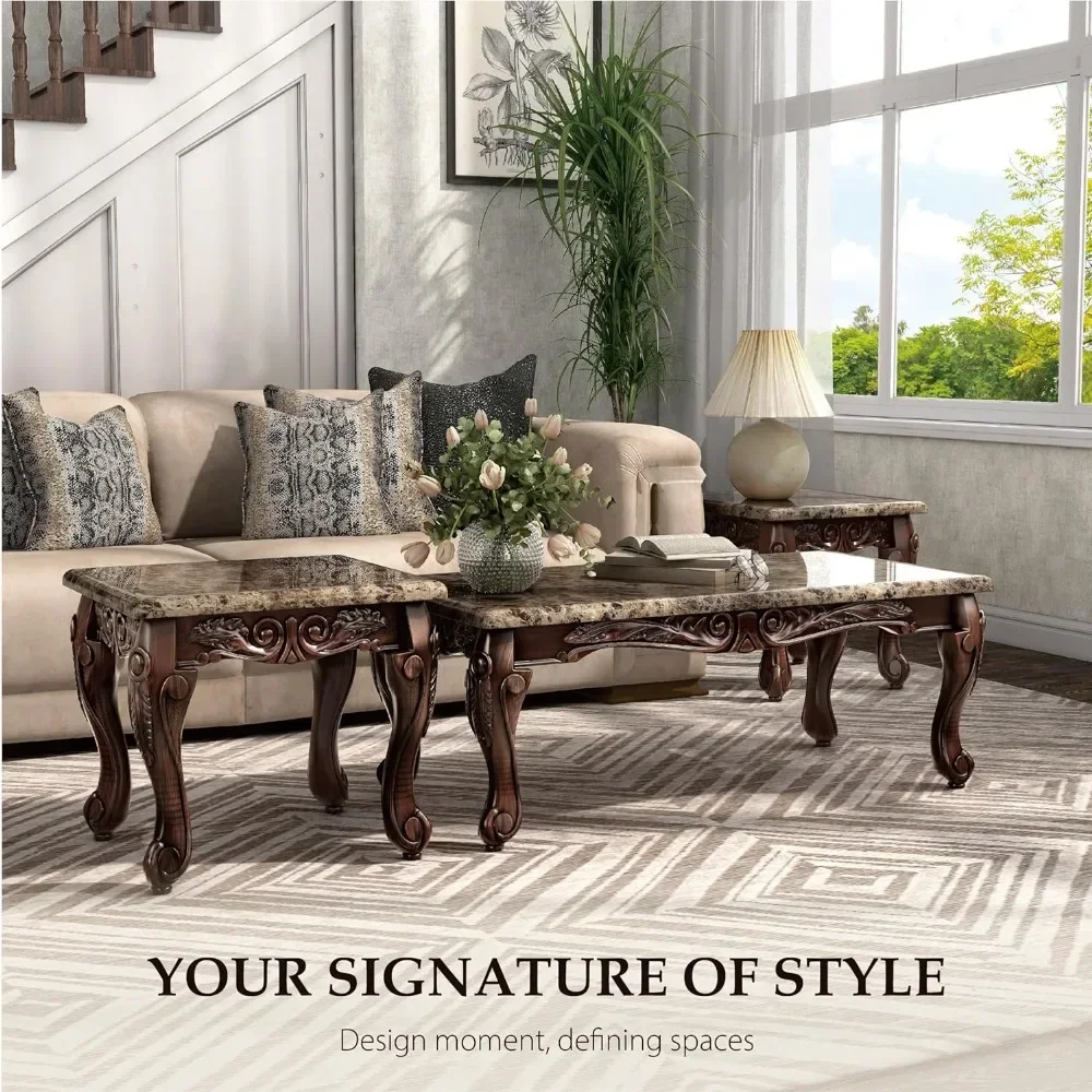 3pcs Traditional Faux Marble Top Accent Tables Set Cafe Furniture Set for Living Room Dark Oak Coffee Mesas Table