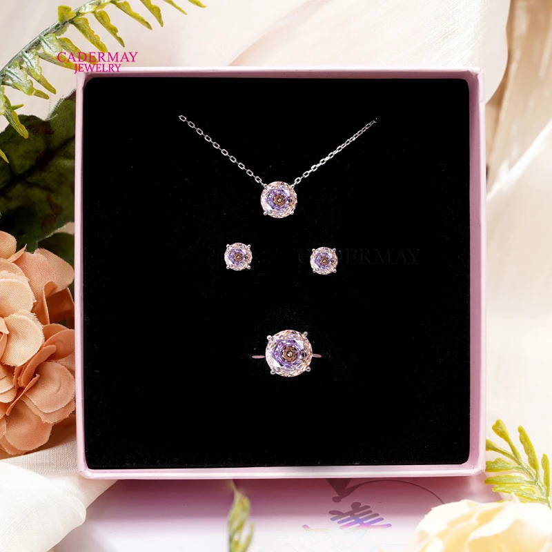 Free shipping In Stock 925 silver Jewelry Set Blue/Purple Stone Ring Earrings Necklace Pendant For Women Engagement Wedding Gift